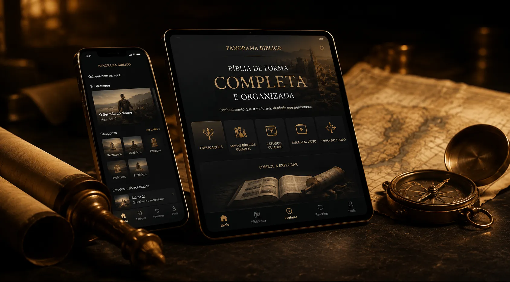 Aplicativo Panorama Bíblico exibido em iPhone e iPad com cenário cinematográfico dourado